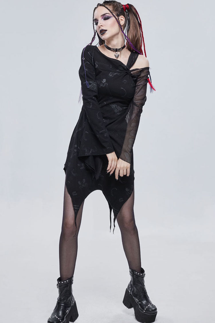 Off-Shoulder Graphic Print Asymmetric Mesh Gothic Dress