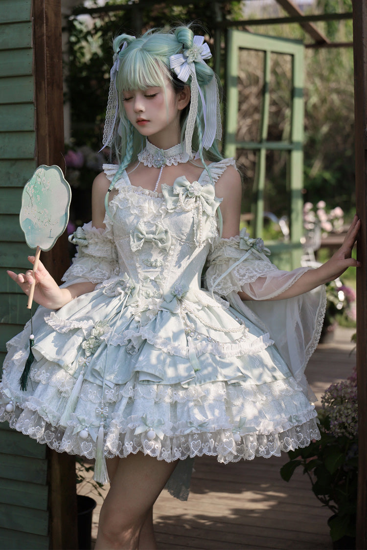Jacquard Square Collar Sleeveless Layered Cherry Lace Pearl Bow Lolita JSK