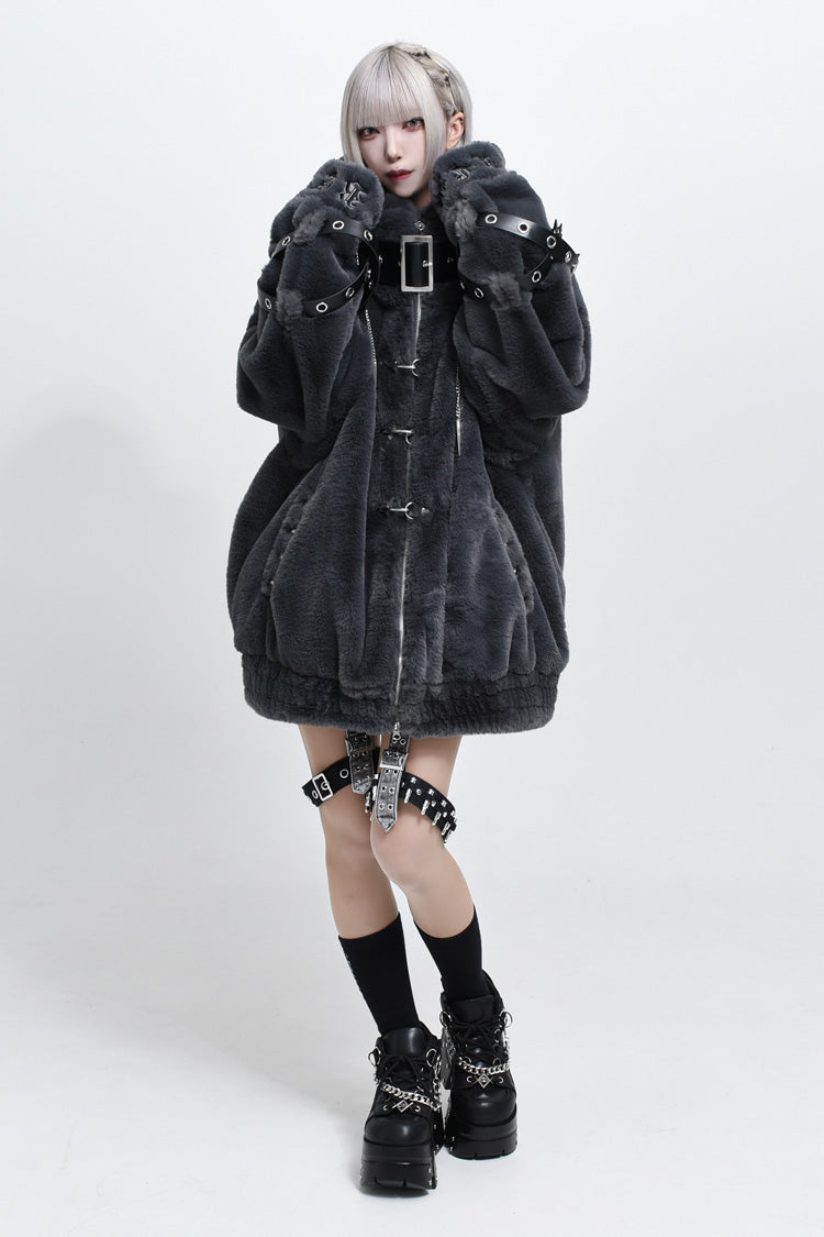 Hooded Punk Jirai Coat with Cross Leather Buckles in Two Tones