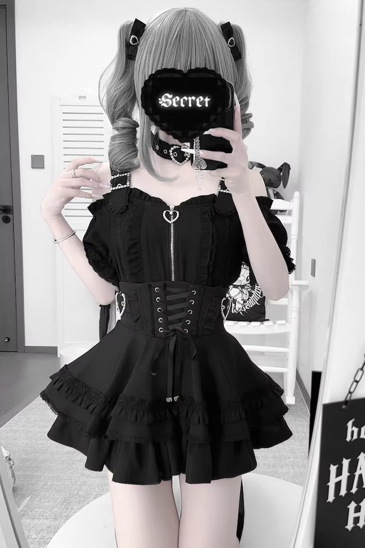 Stand Collar Sleeveless Ruffled Lace-Up Skirt and Blouse Set
