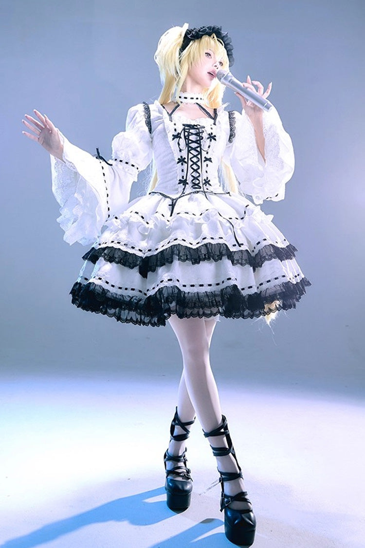 White Long Trumpet Sleeve Double-Layered Ruffled Bow Lace-Up Gothic Skirt Set
