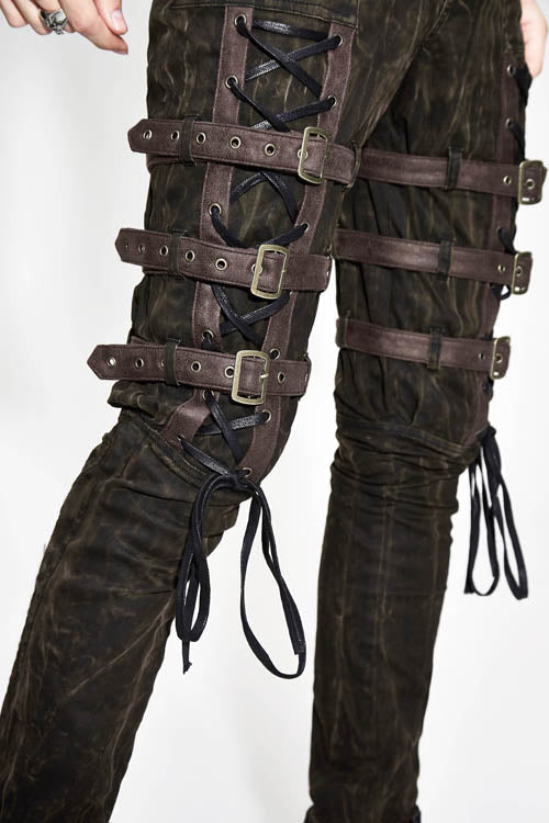 Cocoa Steampunk Embroidered Lace-Up Pants with Multiple Loops