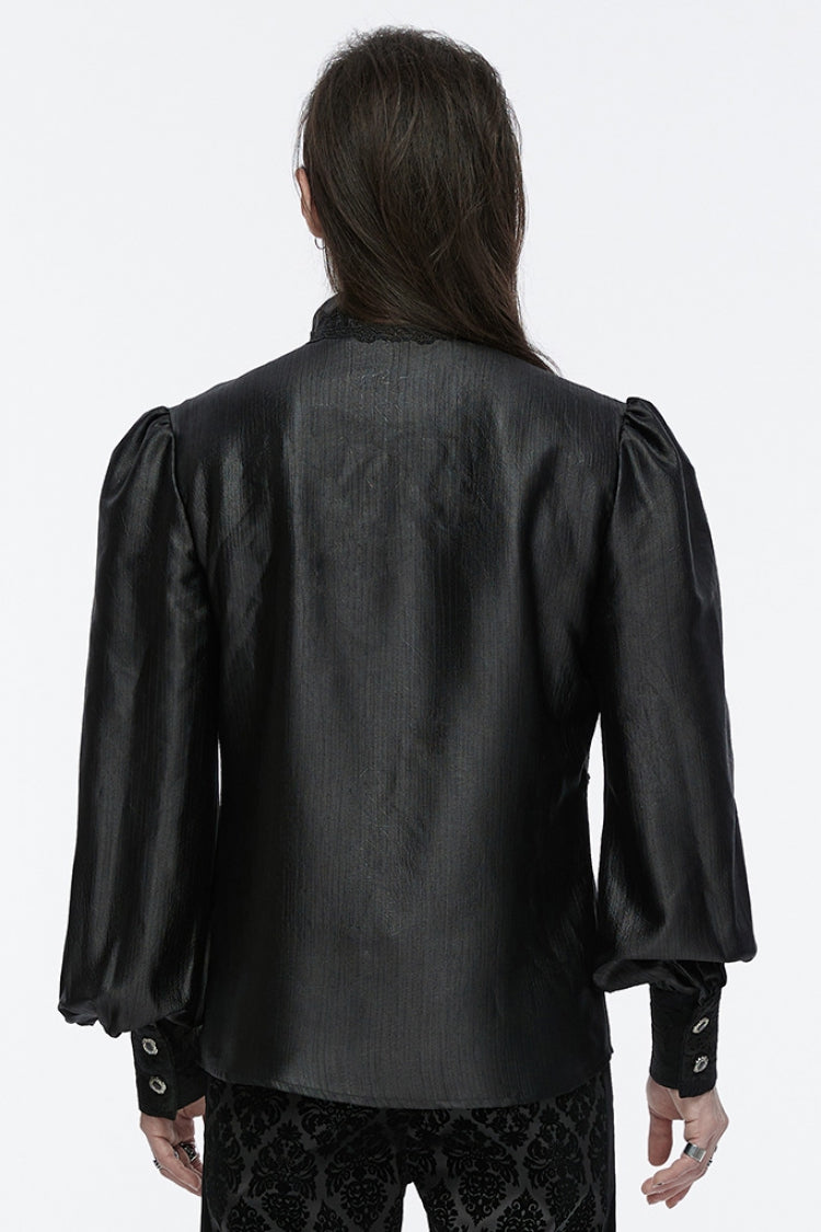 Jet-Black Gothic Shirt with Puffed Sleeves and Lace Panels for Men