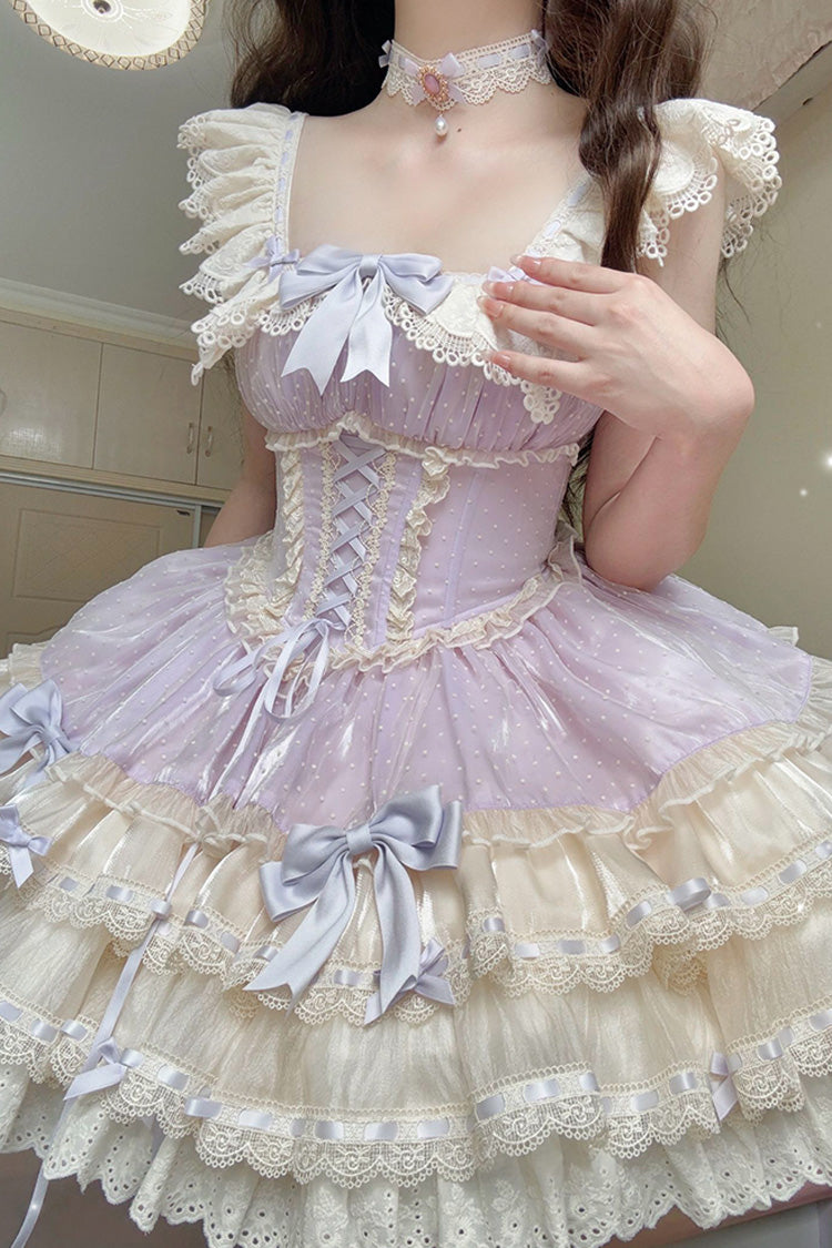 Flory Butterfly Violet Double-Layered Ruffle Bowknot Lace-Up Ballet Lolita JSK - Flory Butterfly