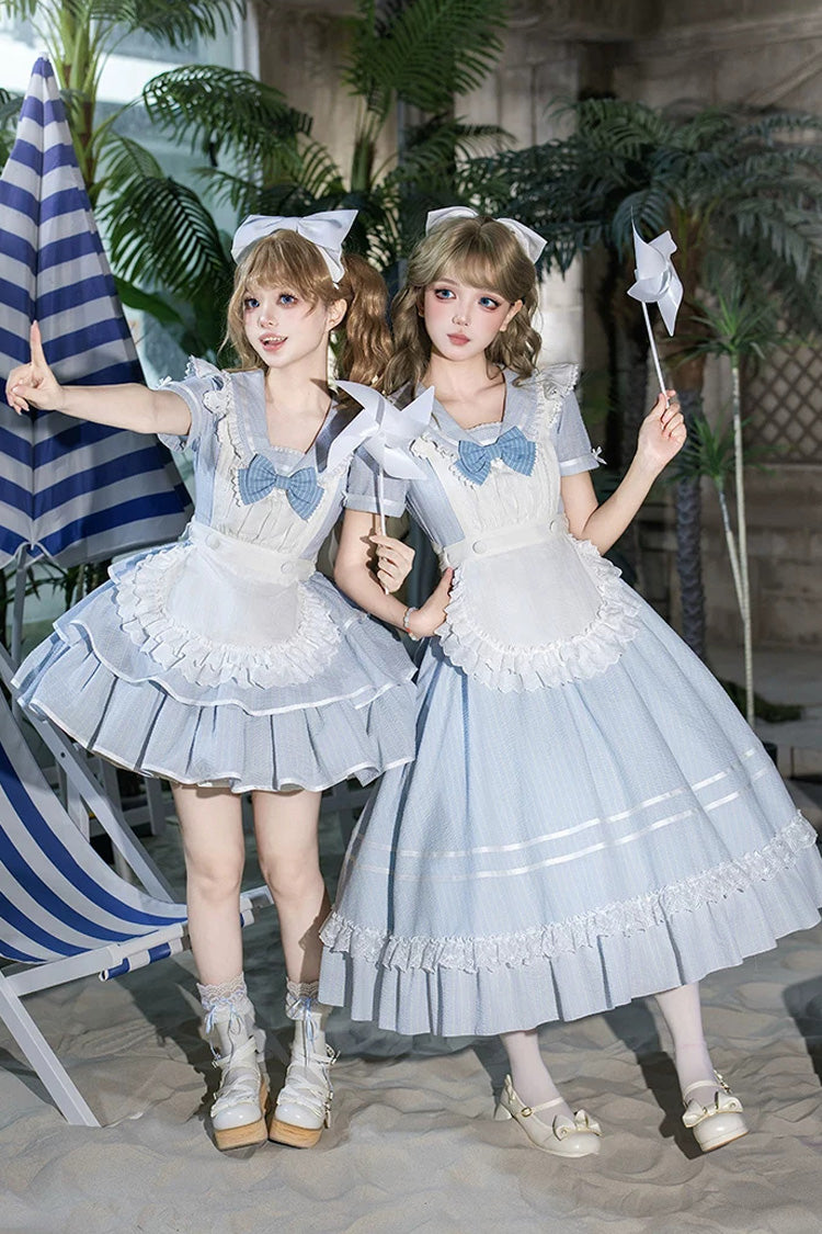 Sweet Lolita Dress with Printed Ruffled Bow and Navy Collar - Blue