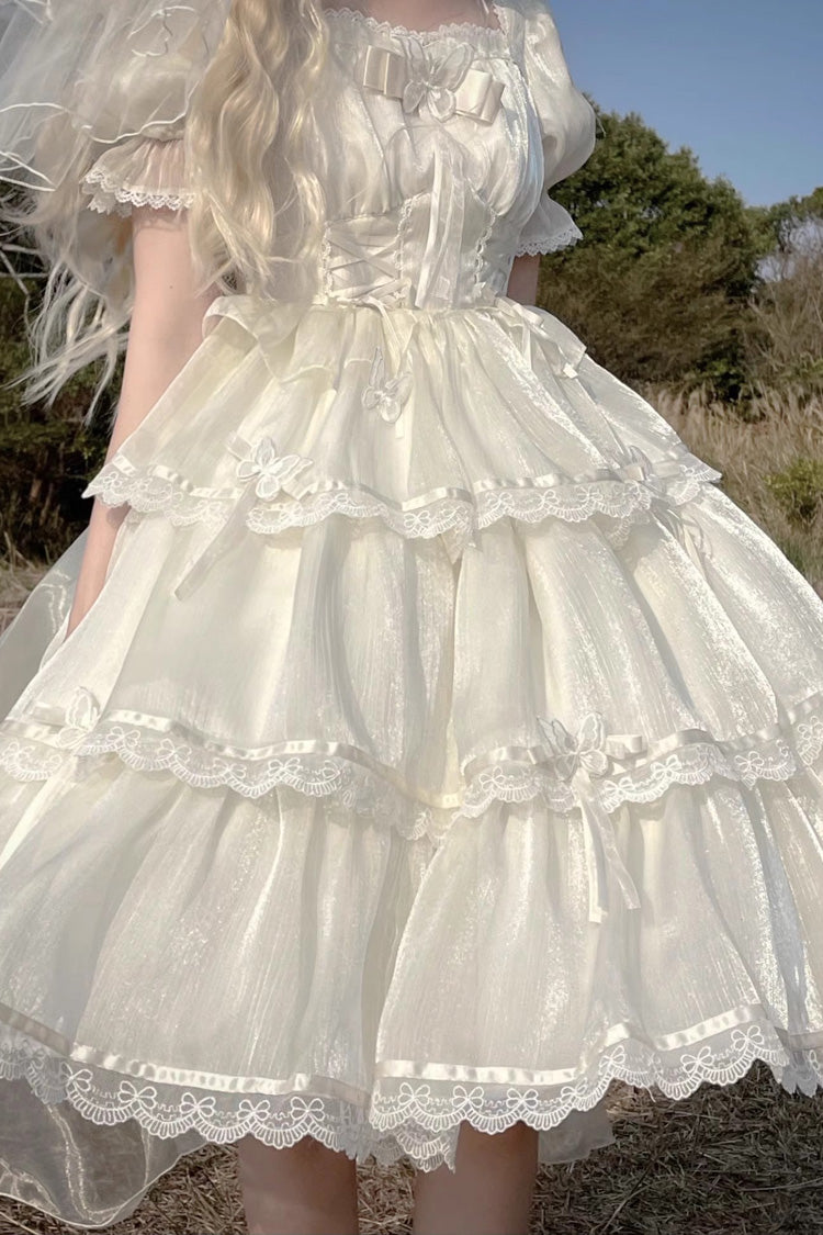 Ivory Square Neck Short Sleeve High-Waist Multi-Layer Ruffle Plus Size Lolita Dress