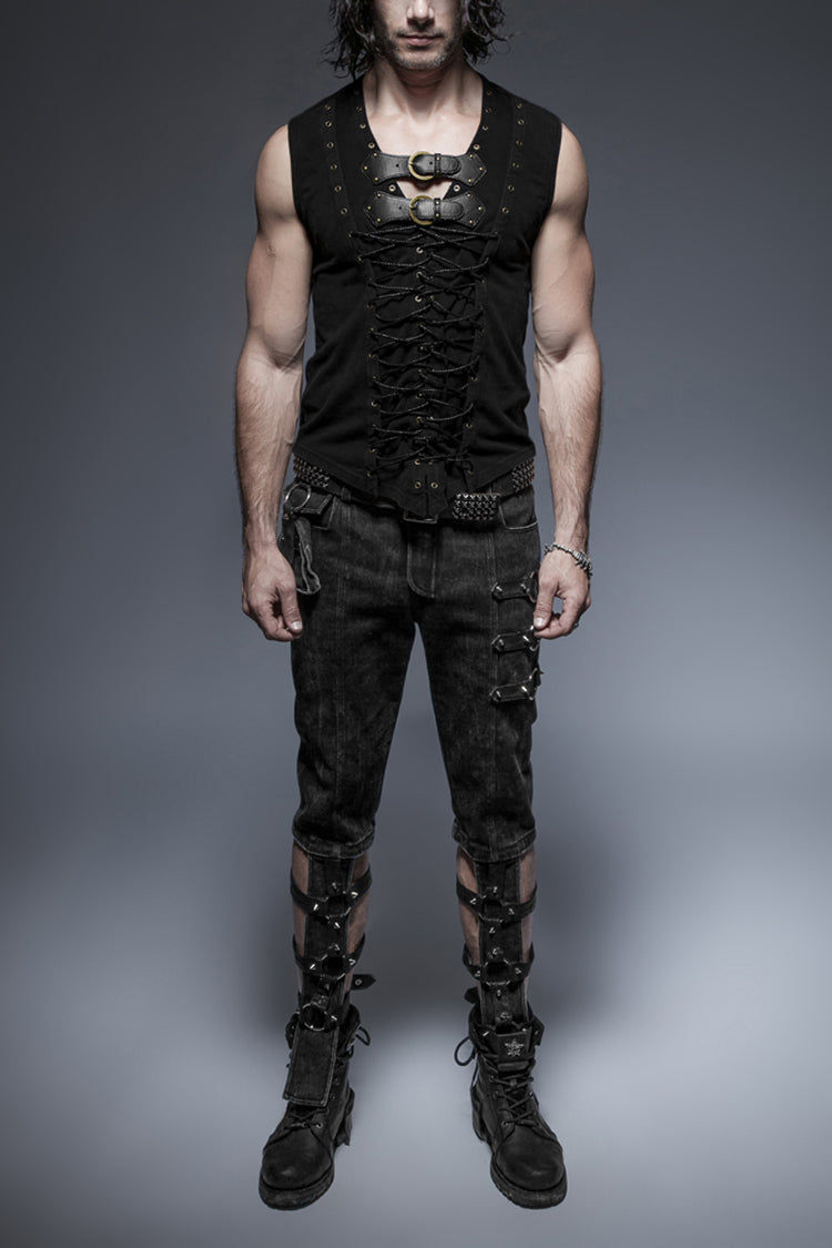 Leather Hasp Metal Ring Punk Vest with Cross Lacing