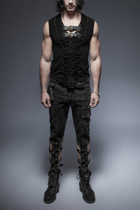 Leather Hasp Metal Ring Punk Vest with Cross Lacing