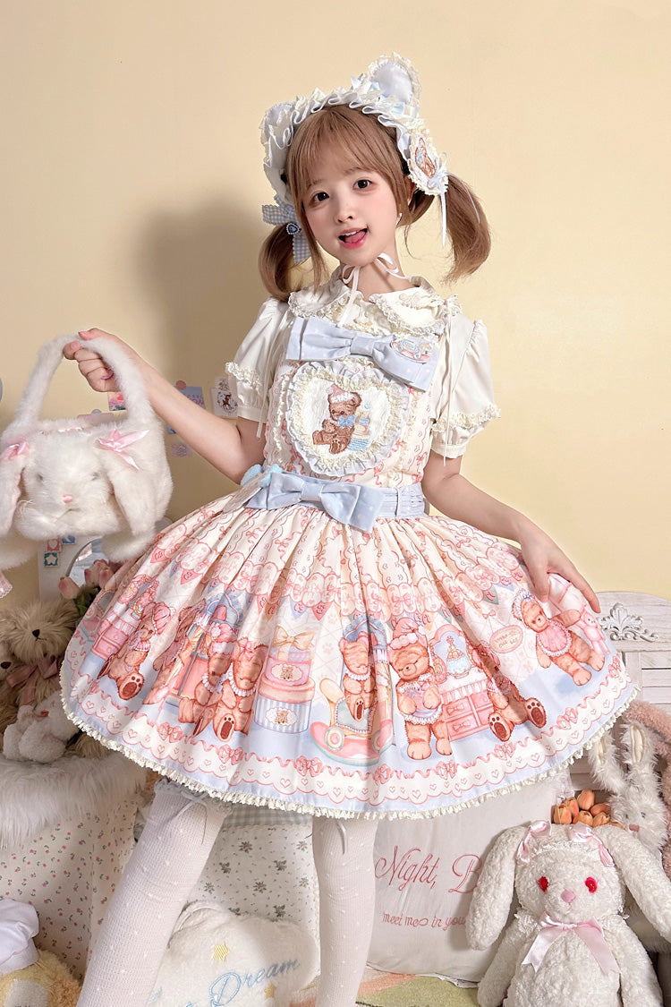 Bear Anniversary Celebration Sleeveless Printed Ruffled Bow Sweet Lolita Tank Dress Two Colors