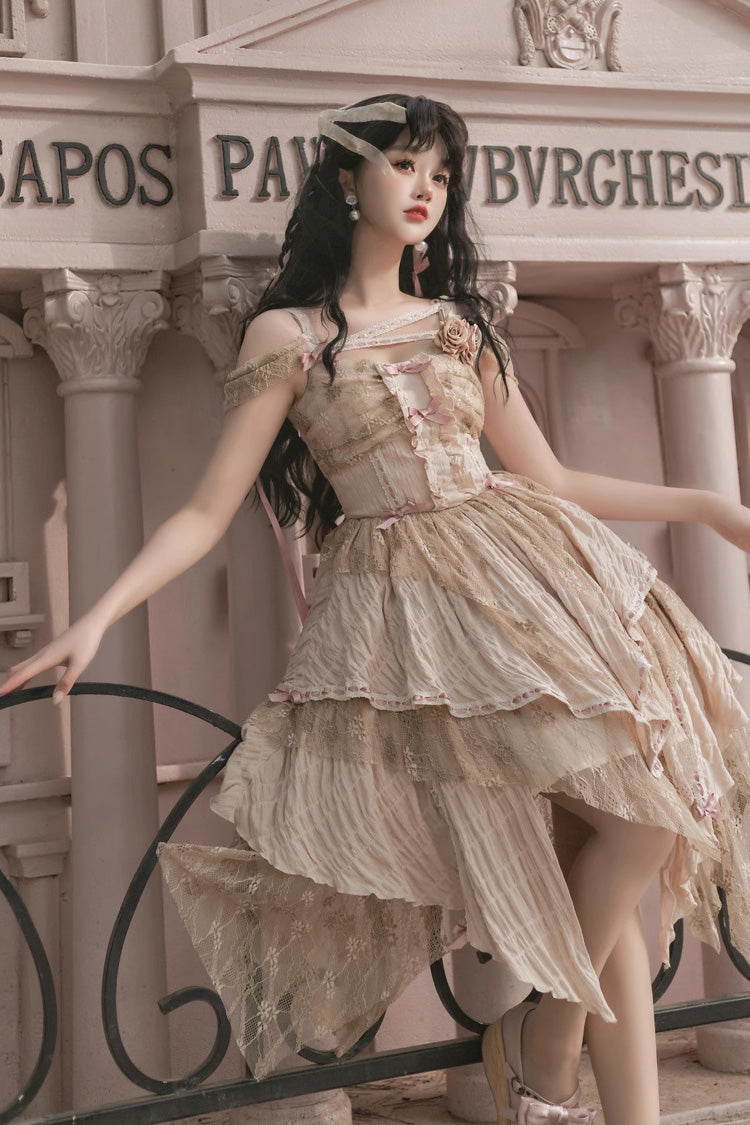 Yellow Sleeveless High-Waist Print Asymmetric Sweet Lolita JSK