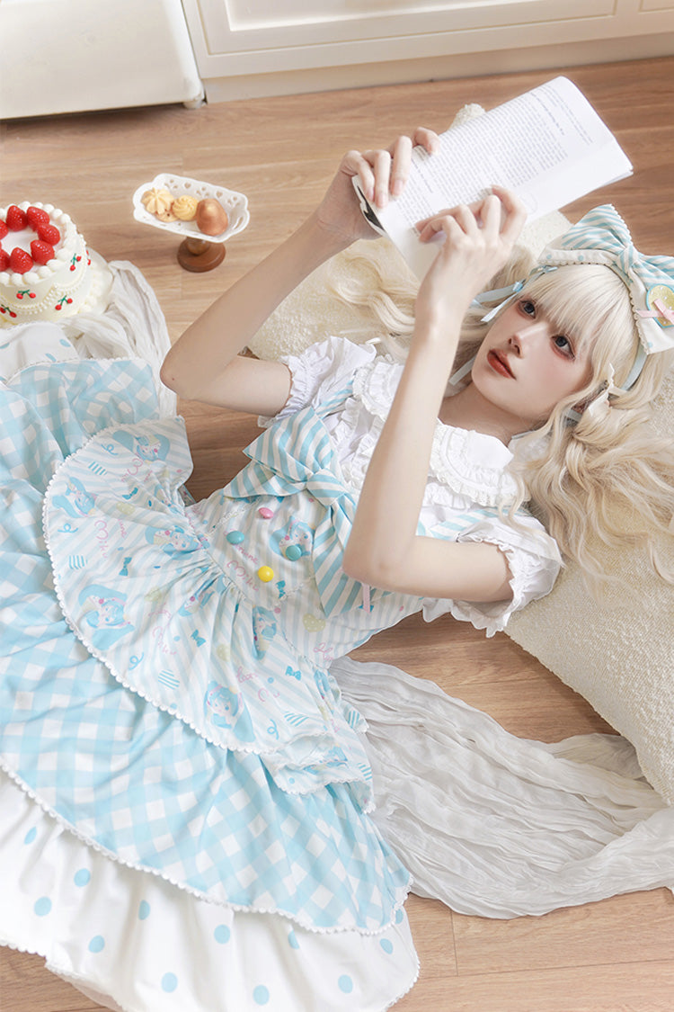 Sleeveless Triple-Layer Print Bow Sweet Lolita Jumper Dress - Blue