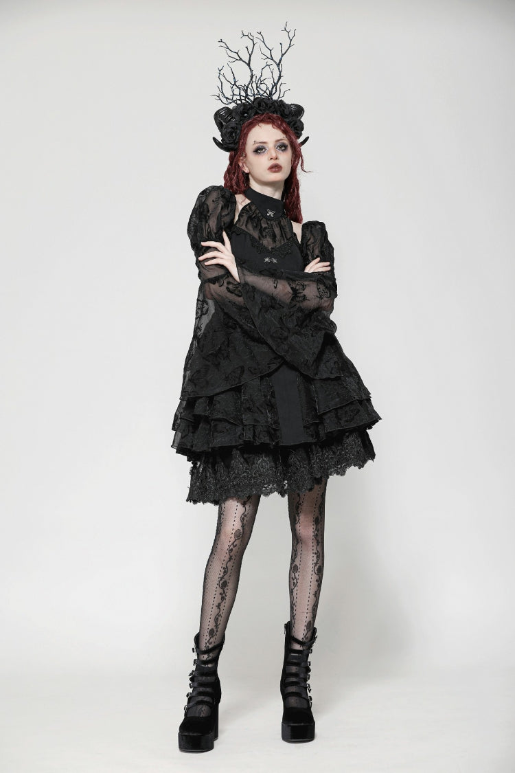 Majestic Black Multi-Layered Lace Trumpet Puff Sleeve Halter Gothic Lolita Graduation Gown