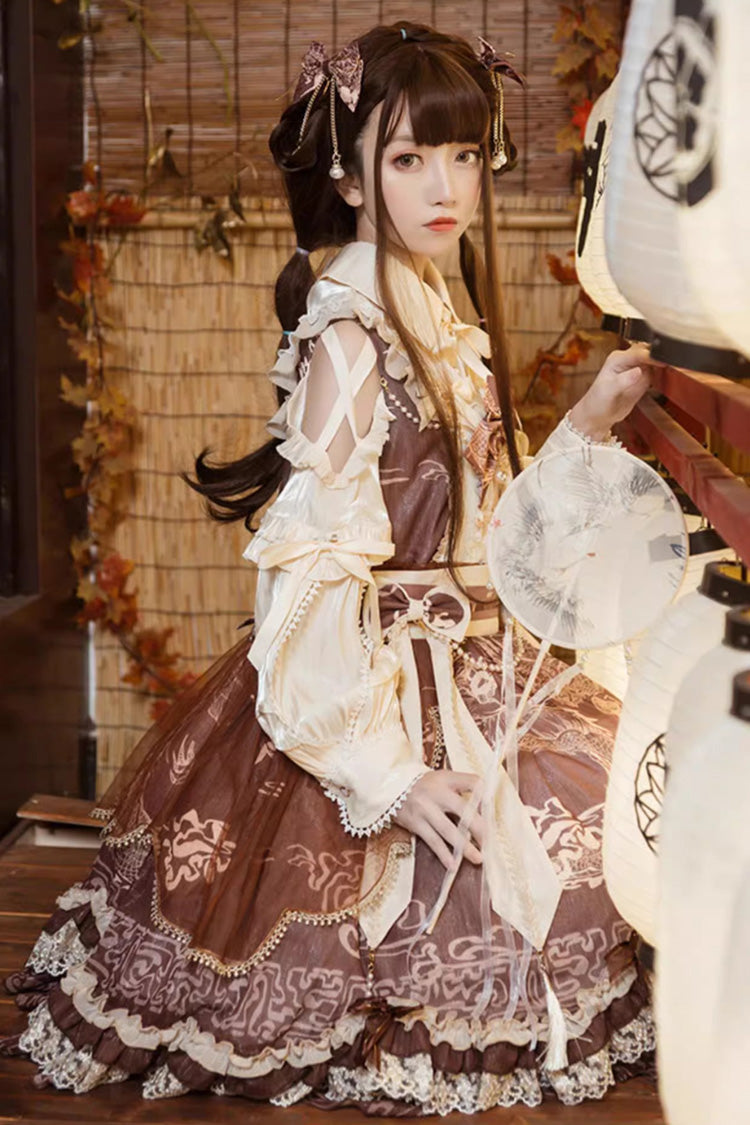 Brown Print Ruffle Lace Sweet Chinese Lolita Jsk Dress
