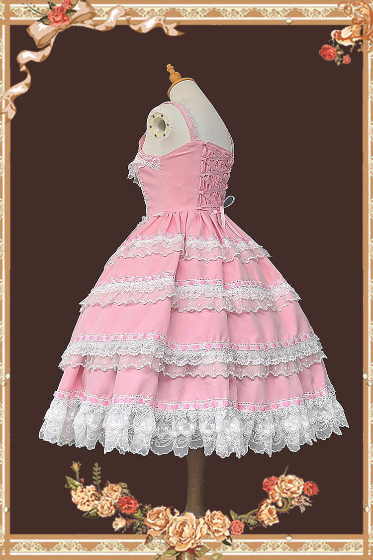 Doll in the Mirror Square Collar Sleeveless Ruffled Lace-Up Sweet Lolita Jsk Dress - Pink/White