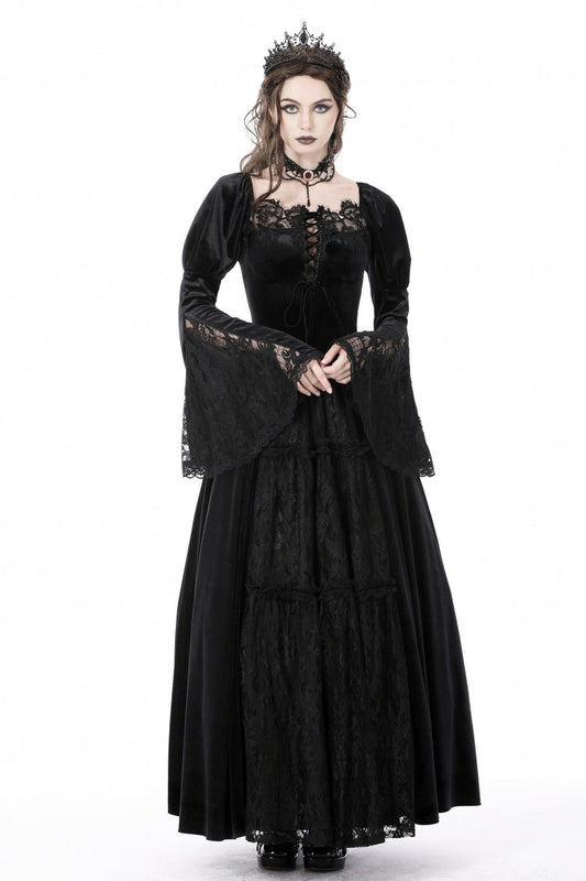 Jet-Black Vintage Velvet Wedding Dress with Puffed Sleeves and Lace-Up Corset
