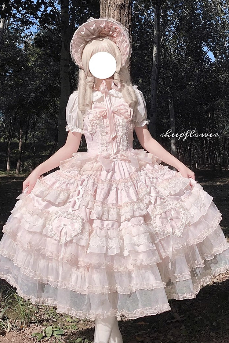 Pink Multi-Layered Ruffled Hanayome Embroidered Bow Lace Sweet JSK - Sweetheart Diary