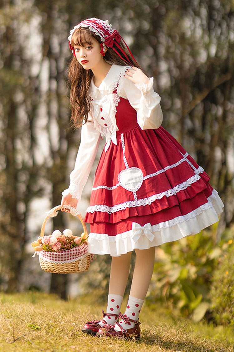 Wine Red Sweet Lolita JSK Dress with Lace and High Waist Bowknot - Altfashion Shop