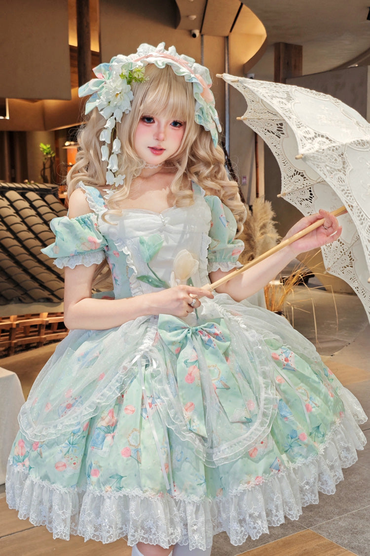 Green Off-Shoulder Print Ruffled Bow Lace Sweet Elegant Dress - Tulip's Letter