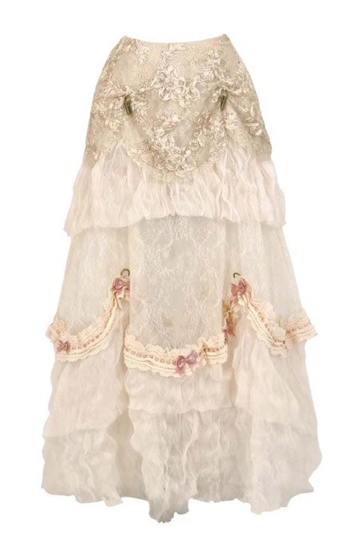 Light Brown Cupid’s Poetry Box Boat Neck Short Puff Sleeves Ruffled Cut-Out Embroidered Bow Lace Gothic Elegant Lolita Skirt Dress and Top Set