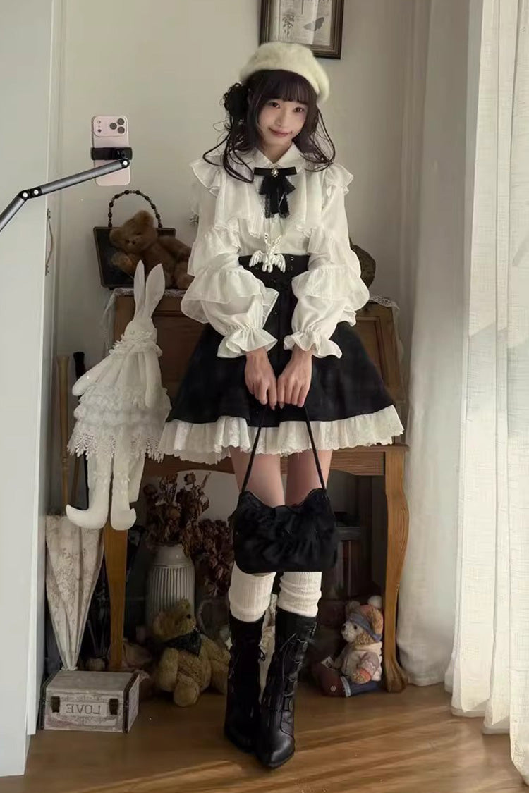 Black/White Long Sleeves Plaid Printed Lace Lace-Up Sweet Jirai Kei Skirt Set
