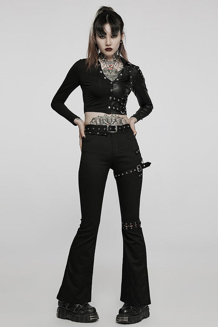 Gothic Cropped Polo Tee with Slim Fit, Straps, Long Sleeves
