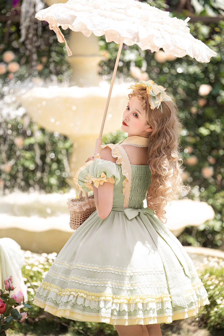 Green Tulip Print Short-Sleeve Ruffle Bow Sweet Lolita Dress
