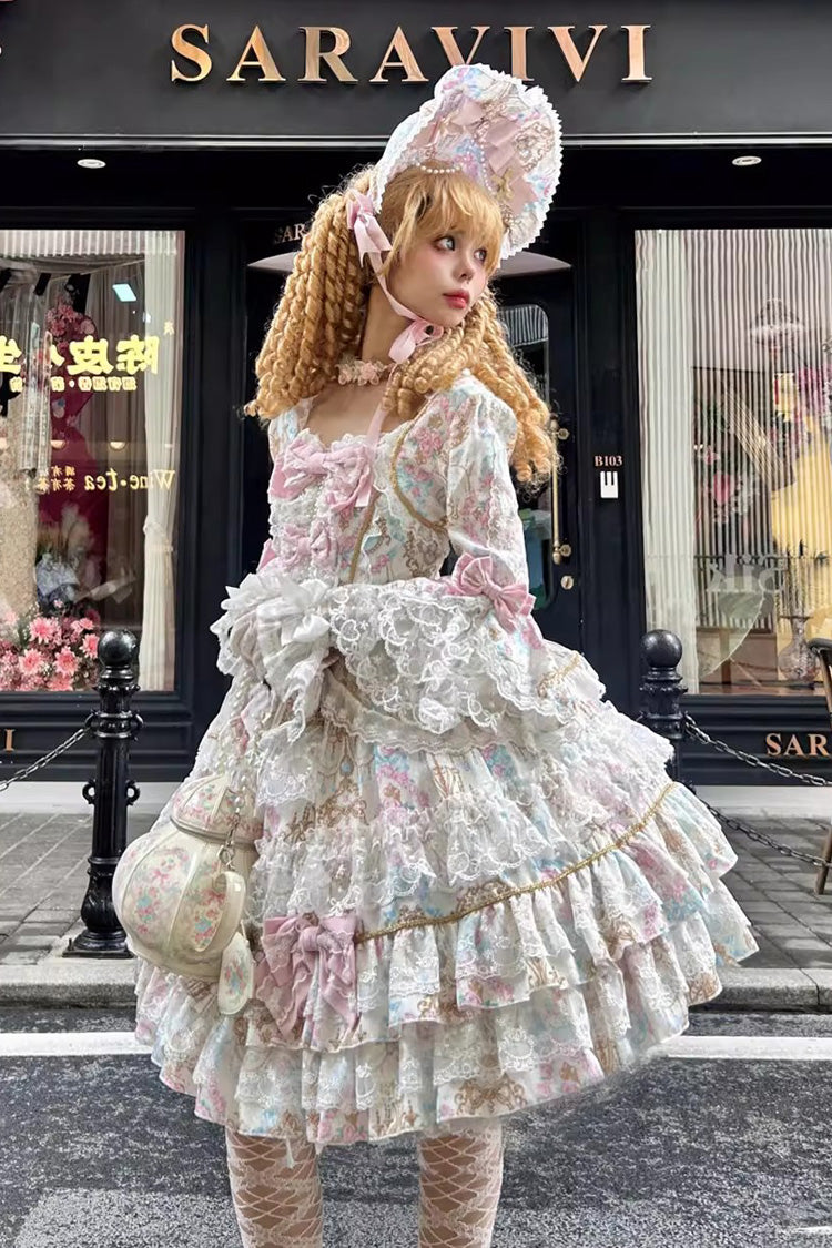 Elegant Apricot Trumpet Sleeve Layered Ruffle Bow Lace Lolita Gown