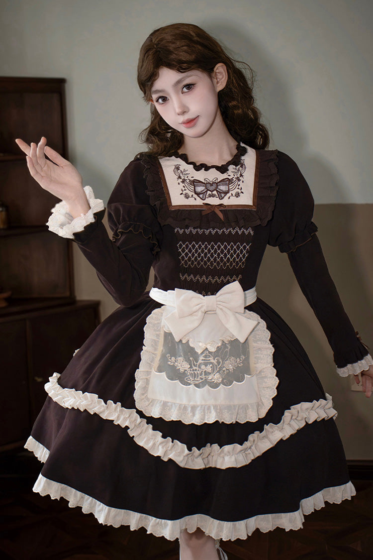 Brown Double-Layered Ruffled Bouquet Embroidered Bow Sweet Lolita Dress - Miss Brown