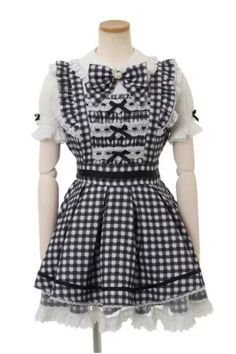 Lapel Collar Plaid Print Bow Plus Size Jirai Dress and Shorts Set in Three Colors
