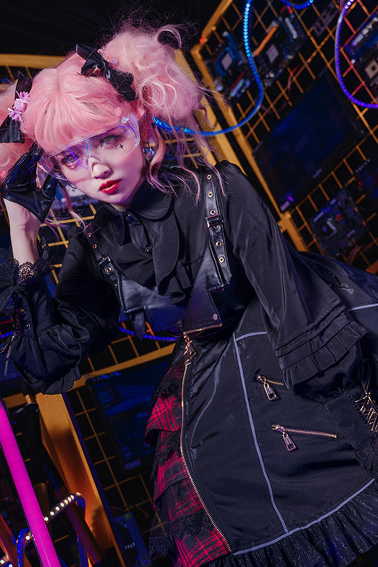 Black Gothic Lolita Jsk Dress Stitching Zipper Cardigan Ruffled - Altfashion Shop