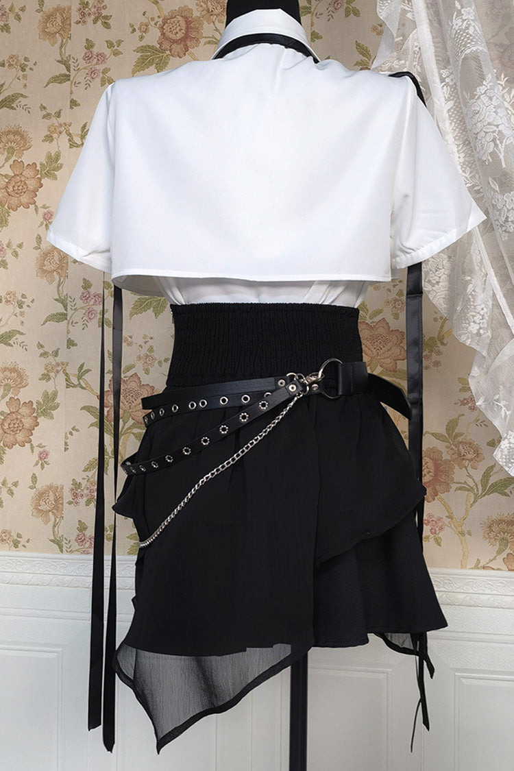 Black/White Ruffle Asymmetric Gothic Jirai Kei Skirt Blouse Set