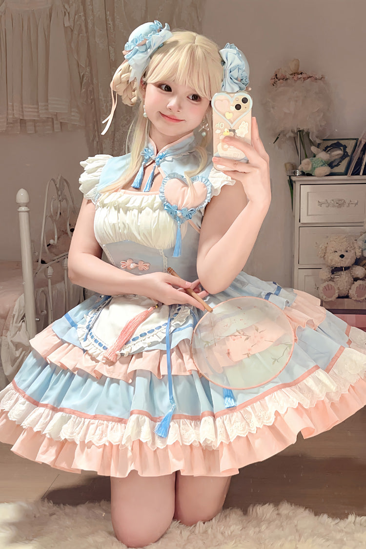 Blue Pink Multi-Layered Ruffled Sweet Chinese Maid Cheongsam Dress