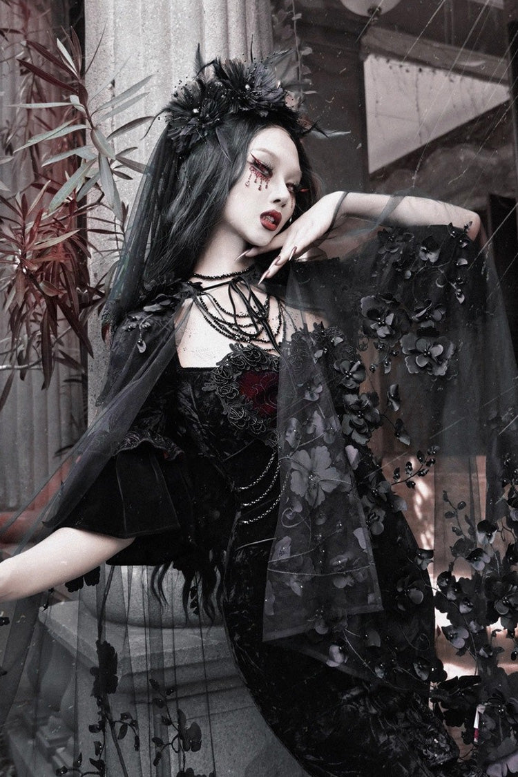 Square-Collar Embroidered Mermaid Gothic Dress in Black