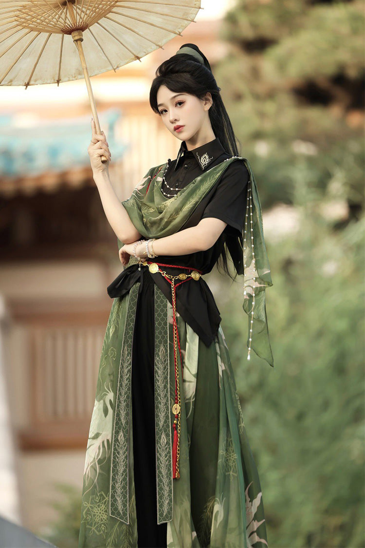 Embroidered Lapel Collar Short Sleeve Wuxia Hanfu Pants Set