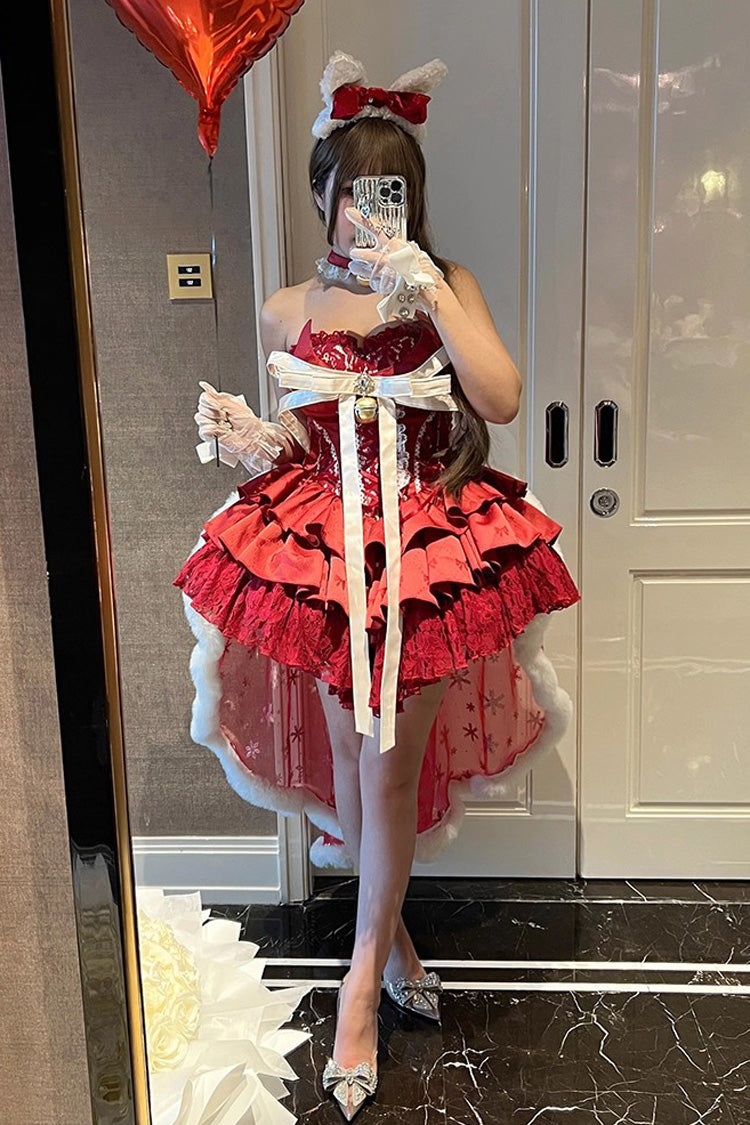 Red Sleeveless Triple-Layered Ruffle Hollow Bow Lace-Up Ballet Dress