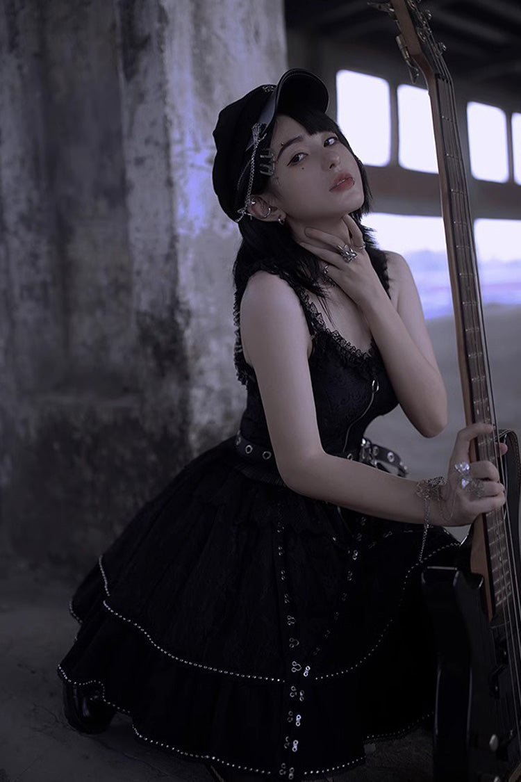 Graphite JSK Dress with Poetic Print and Lace Details