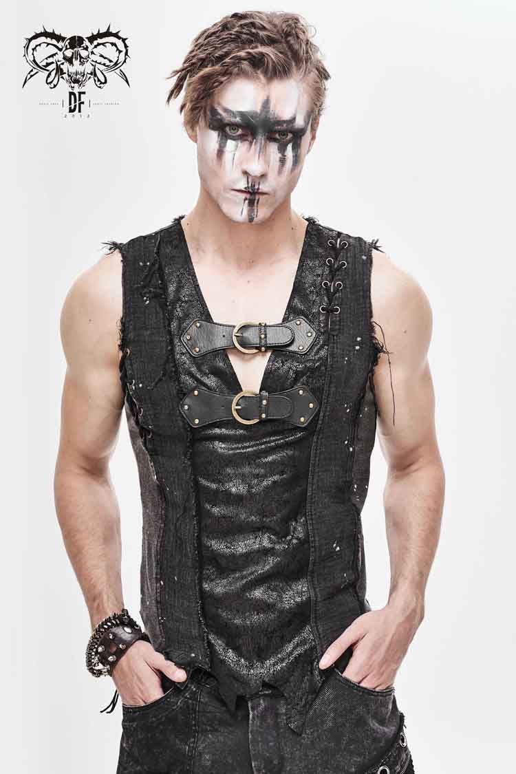 Sleeveless Buckle-Strap Punk Vest with Ripped Details