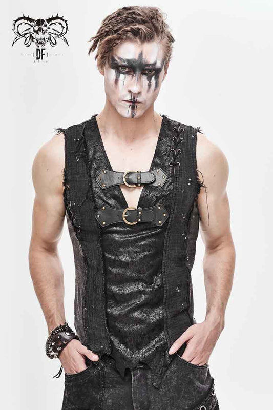 Sleeveless Buckle-Strap Punk Vest with Ripped Details