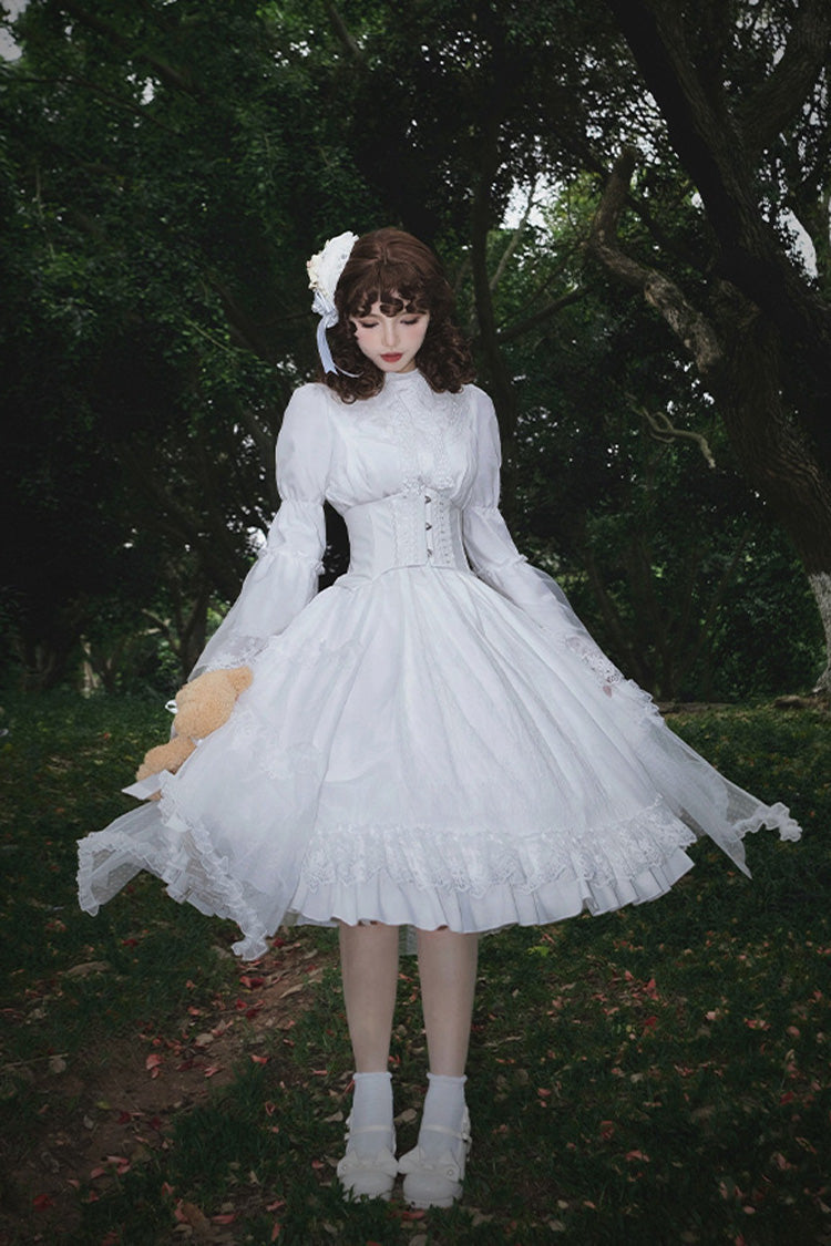 Ivory Stand Collar Long Sleeve Gothic Dress with Lace - Requiem