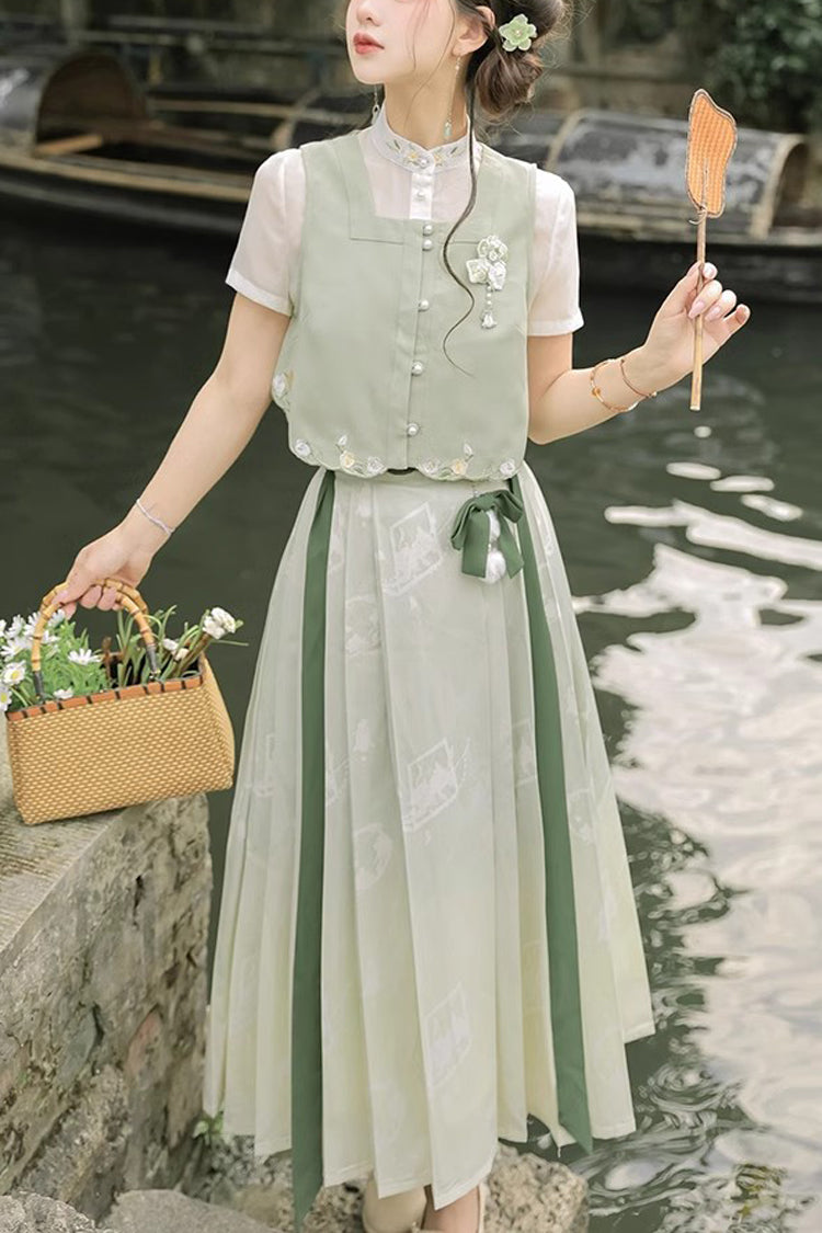Emerald Embroidered Pearl-Button Sweet Hanfu Ensemble with Peter Pan Collar