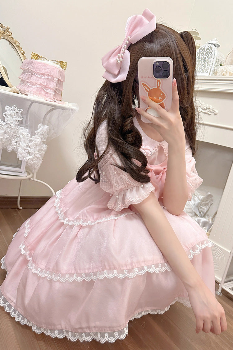 Pearl-Trimmed High-Waist Bow JSK Dress for Sweet Lolita - Multicolor