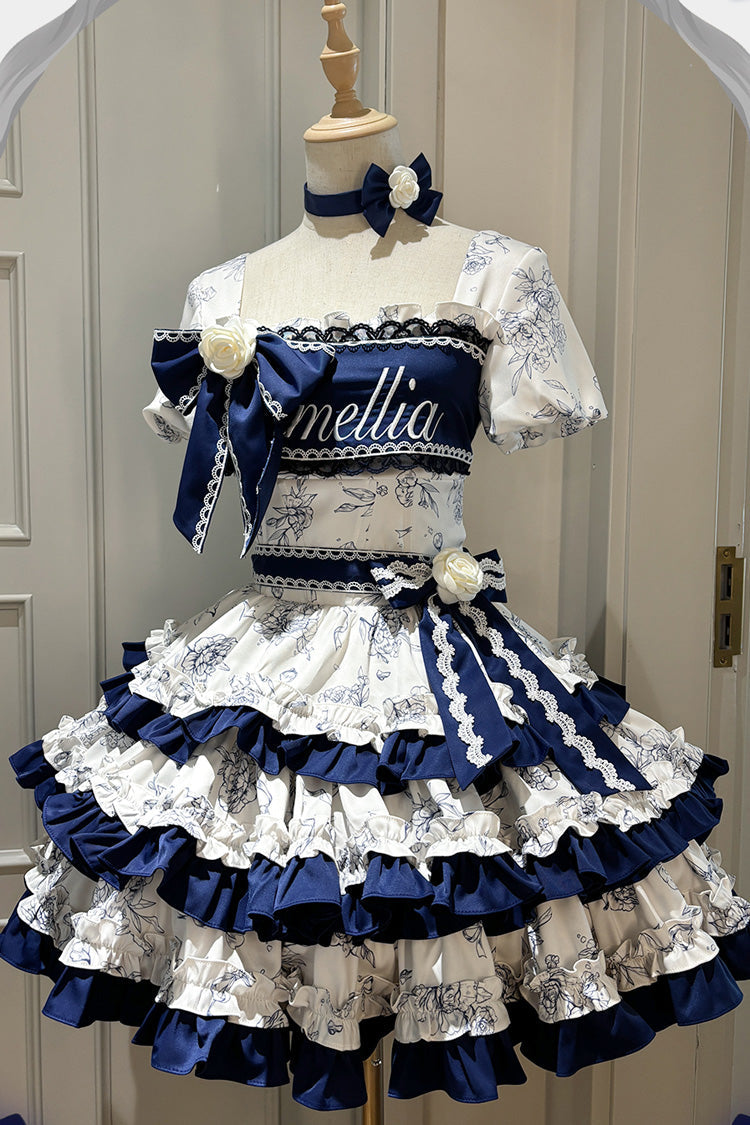 Cerulean and Ivory Porcelain Print Multi-Layer Ruffle Embroidery Bow Sweet Lolita Dress