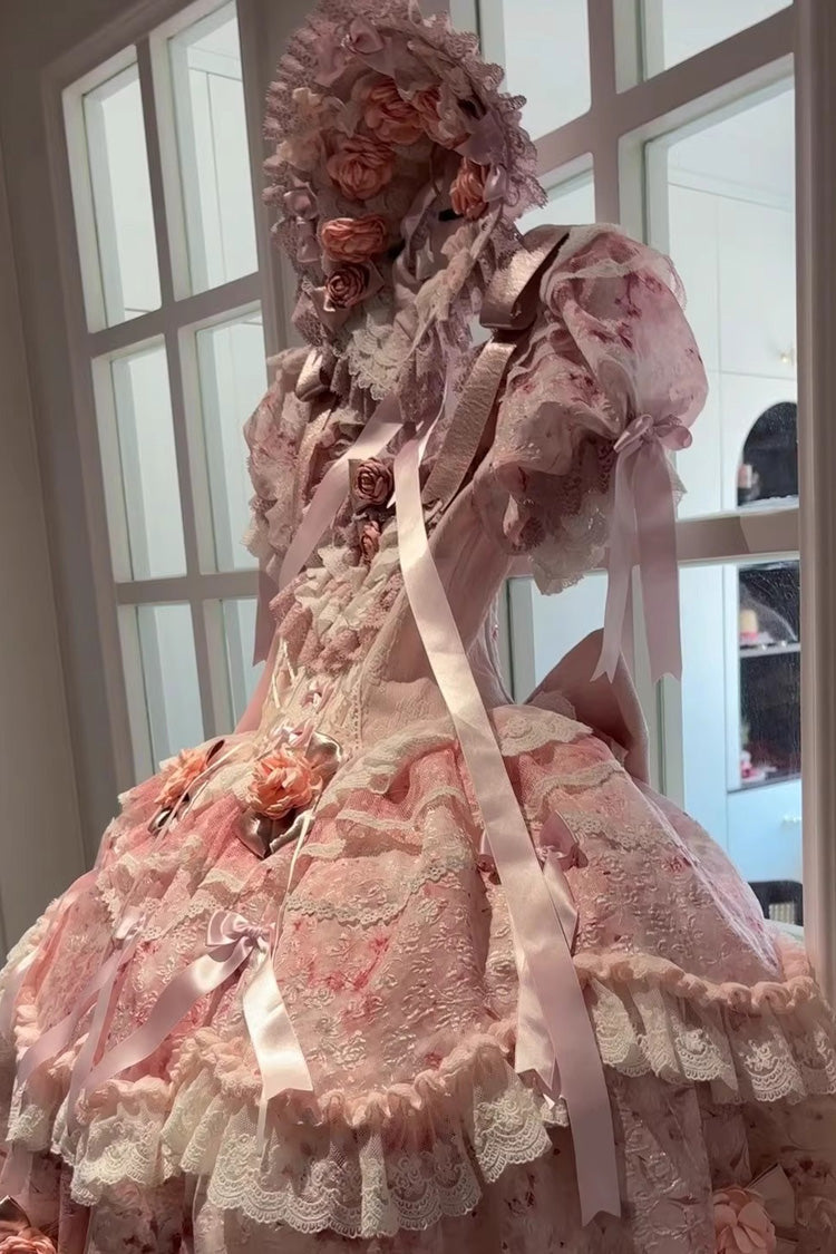 Pink Short Puff Sleeves Ruffle Bowknot Lace Sweet Japanese Princess Dress - Rose Manor