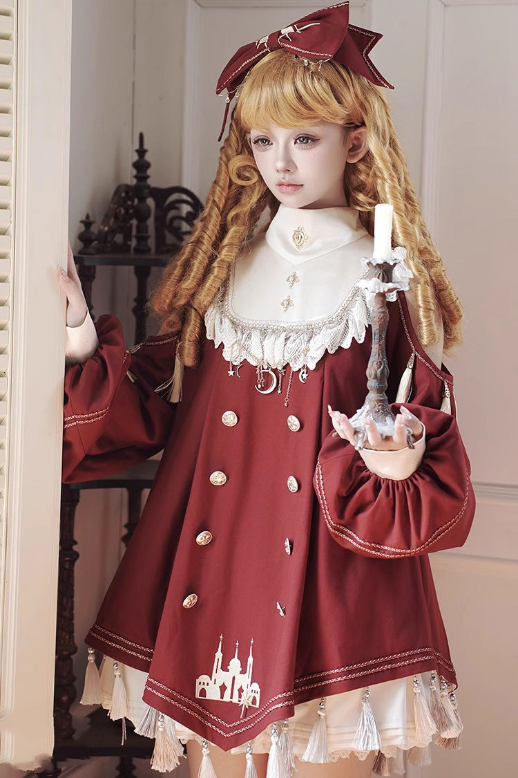 Crimson Starry Night Gown with Ruffled Sleeves and Embroidery