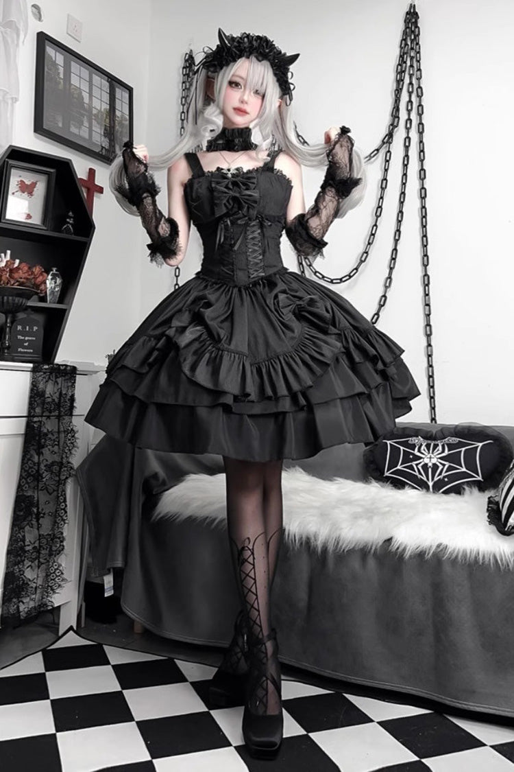 Triple-Layered Lace-Up Gothic Skirt Set in Black