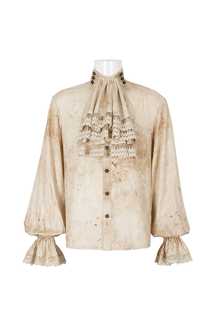 Gothic Apricot Stand Collar Puff Sleeve Men's Shirt with Necktie