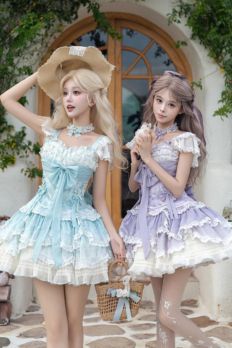 Floral Dream Violet Multi-Layered Ruffle Embroidery Lace-Up Ballet Lolita JSK - Floral Dream