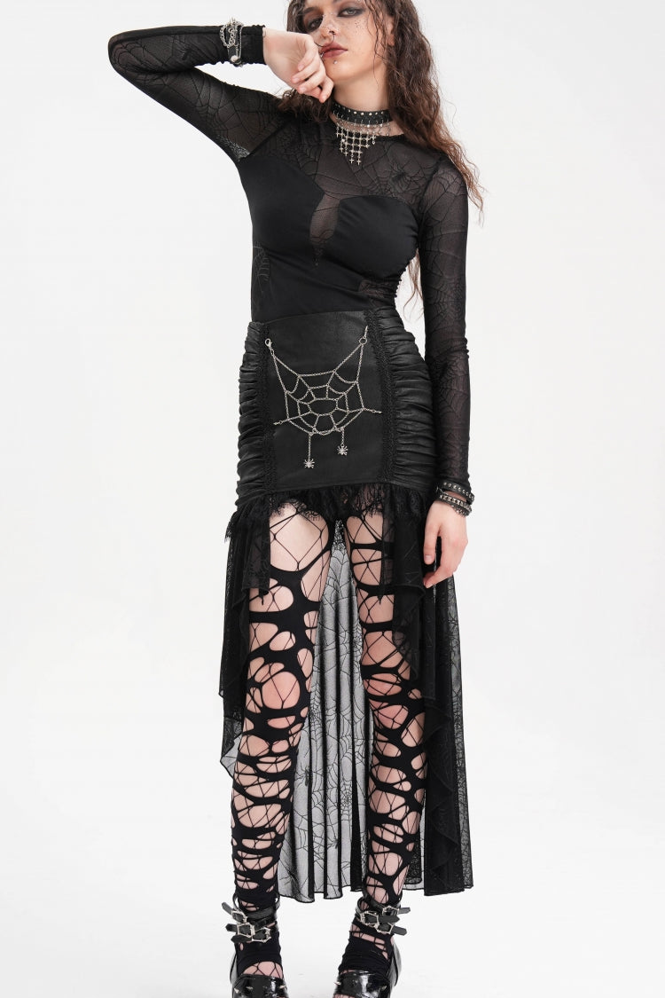 Gothic Skirt with Irregular Hem Lace Chain and Mesh