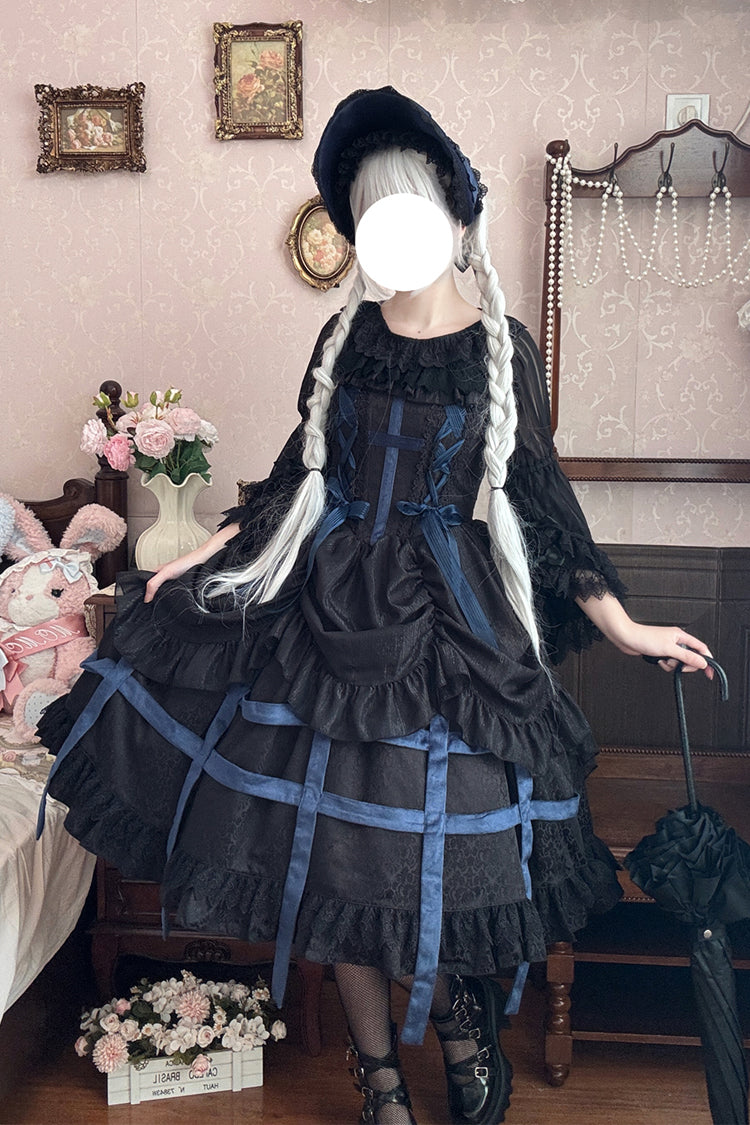 Sleeveless Printed Ruffled Bow Lace-Up Gothic Elegant Jsk Dress - Two Colors