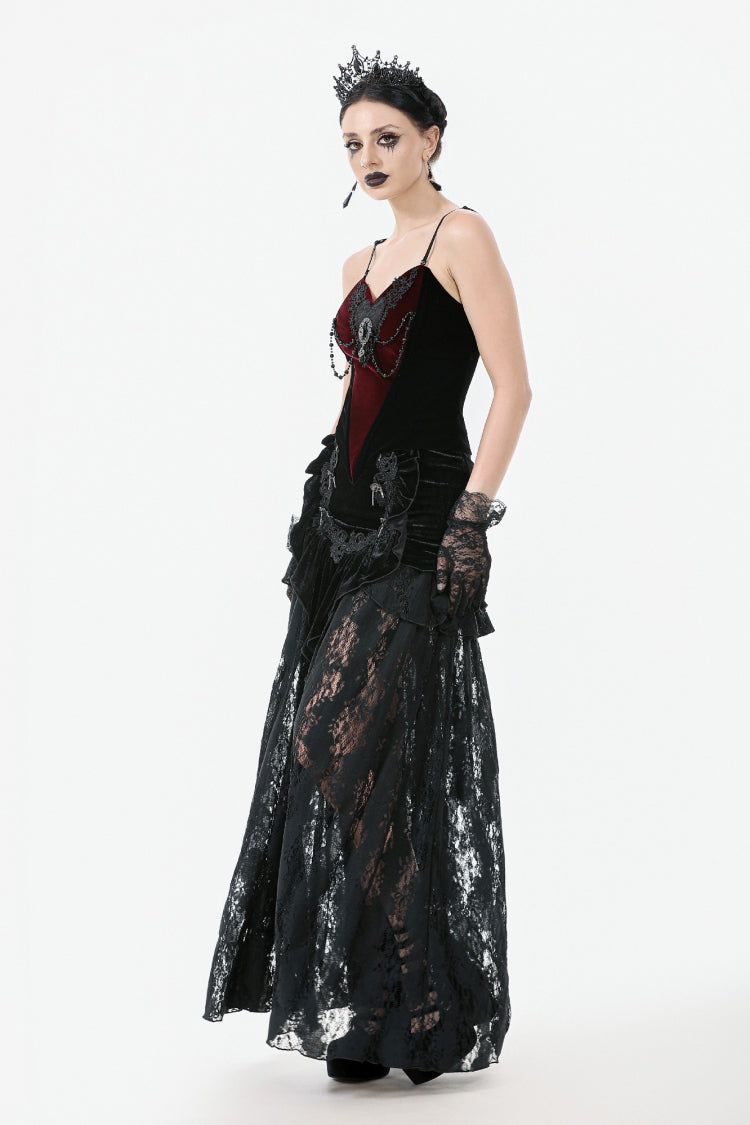Gothic Velvet Long Skirt with Lace and Lace-Up, Black